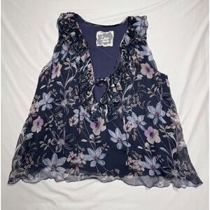 Johnny Was Navy Floral 100% Silk Travis Chiffon‎ Ruffle Sleeveless Blouse